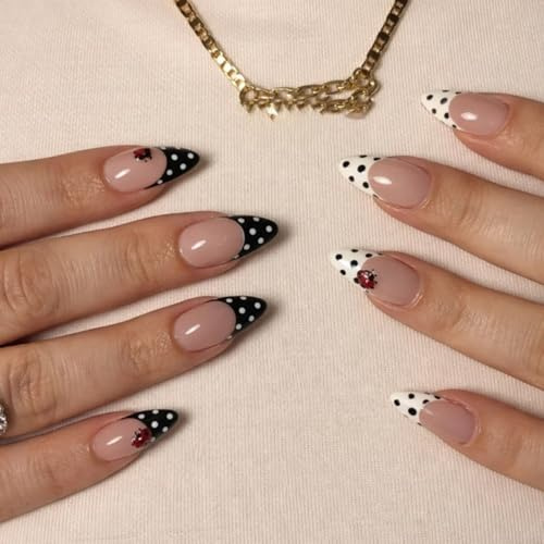 24PCS Black White Polka Dot Press On Nails With Nude Base & Red Ladybug Accent - Monochrome Almond Shape False Nails Set For Classic Retro Vintage Pin Up Style Women And Girls