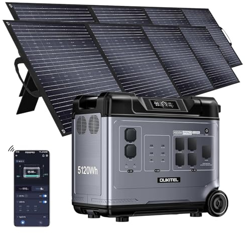 OUKITEL P5000 Pro Estacion de Energia Portatil 4000W con 2 Panel de 400W, 5120Wh Generador Solar, Batería LiFePO4, Carga Rápida en 2.2 h, 15 Porte, Power Station para Camping, Caravana y Emergencias