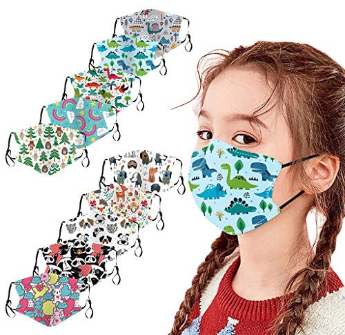 Lulupi 10 Stück Kinder Mundschutz Multifunktionstuch 3D Cartoon Druck Maske Animal Print Atmungsaktive Baumwolle Stoffmaske Waschbar Mund-Nasenschutz Tiermotiv Bandana Halstuch Jungen Mädchen