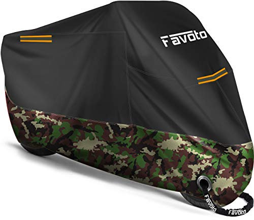 Favoto Funda para Moto Cubierta de Moto 210D Impermeable Protectora con Banda Reflectante a Prueba de Sol Lluvia Polvo Viento Nieve Excremento de Pájaro al Aire Libre, 245x105x125cm Negro+Camuflaje