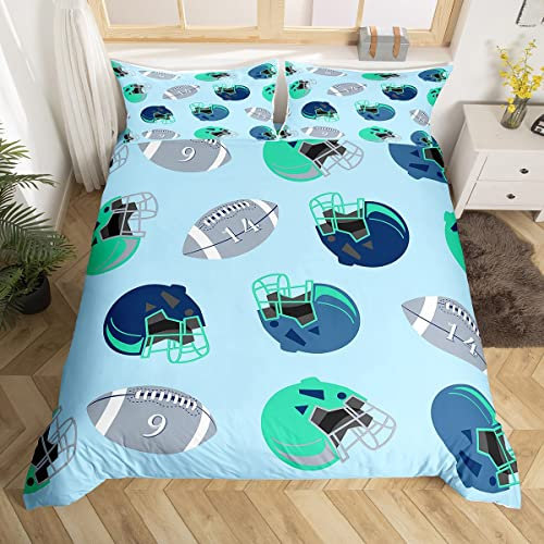 Loussiesd Jungen Rugby bedrucktes Bettbezug Set für Kinder Teenager amerikanisch Football Helme Bettwäsche Set 220x240cm Sport Thema Betten Set Grün Grau Blau Design Zimmer 3St Reißverschluss