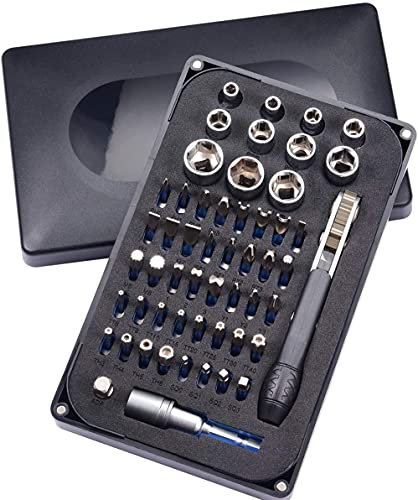Steinwhale Mini Ratchet Wrench Screwdriver Bit Set with 1/4 Hex Bits CNC machined S2 Steel, 36-Tooth Gear Offset Reversible, 90 Degree Right Angle Drive Handle, Magnetic Bit Holder (54)