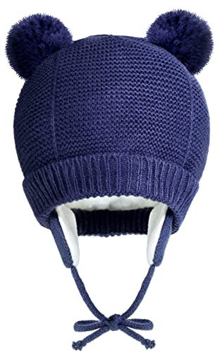 EBOOT Niedliche Baby Wintermütze Warm Strick Ohrenklappen Babymütze Gestrickte Baby Strickmütze Mädchen Jungen Mütze Bommel Baby Beanie für Baby 0-12 Monate (Dunkelblau)