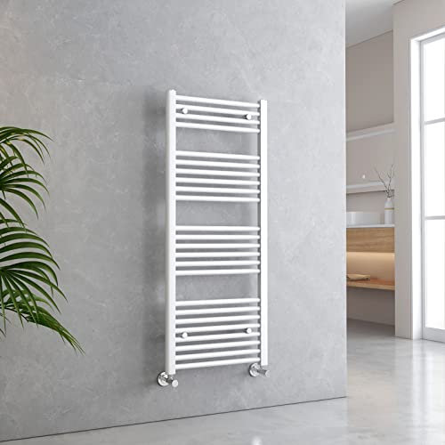 EMKE Towel Rail Radiator White, Heated for Bathrooms 1200 x 500mm, Modern Straight Versatile Wall/Floor Mounted