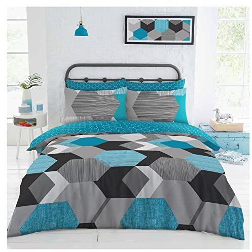 Lions 4 Piece Bedding - Blue Geometric Shape King size Duvet Cover Sets 230x220cm With 1x Fitted Sheet and Matching 2x Pillowcase, Soft Poly Cotton Bed Linen, Reversible Quilt King Duvet Set