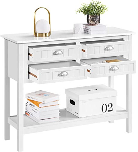Yaheetech Konsolentisch Flurtisch mit 4 Schubladen und 1 Offenem Ablagefach Schmaler Eingangstisch im Landhausstil Sideboard Beistelltisch für Wohnzimmer/Eingang/Flur, 100 × 35,5 × 80,5 cm Weiß