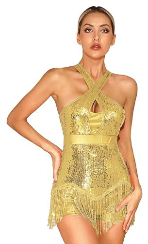 TTAO Damen Pailletten Tanz-Body Ballettbody Ärmellos Glitzer Gymnastikbody Ballett Trikot Leotard Latein Overalls Turnanzug Ballettanzug Gold D XL