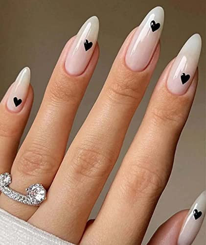 JUSTOTRY 24 Pcs Almond Press on Nails Short with Black Heart Designs,Milky False Nails Oval,French Stick on Nails for Women and Teens,Valentine's Day Fake Nail for Nail Art