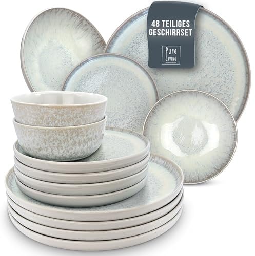 Steingut Geschirrset 12 Personen Ibiza 48 tlg. TESTSIEGER, Traumhaftes Mediterranes Steingut Geschirr Set, Schüssel- und Teller Set, Tafelservice 12 Personen, Geschirrsets Pure Living in Beige
