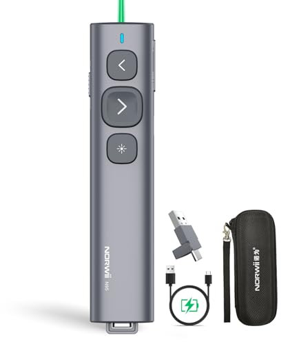 Norwii N95 Clicker de présentation avec récepteur USB-AC, PowerPoint Clicker pour télécommande de présentation, pointeur de présentation sans Fil Rechargeable, Slide Clicker(Vert, USB-AC)