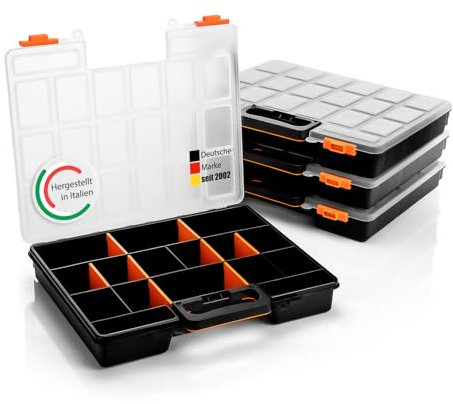 BigDean 4 Stück Sortimentskasten stapelbar 38x33x6cm praktische Sortierbox mit 16 Fächern – Werkzeugkoffer leer Organizer Box Sortierkasten - Sortierboxen für Kleinteile - Made in Italy