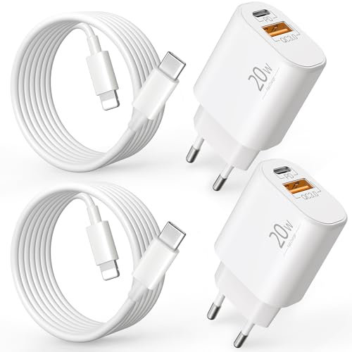 2-Port Ladegerät + Lightnings Schnellladekabel für iPhone 14 13 12 11 Pro Max Plus Mini, XS XR X SE 8, iPad, Original 2M Ladekabel + Schnellladegerät Charger 20W/USB-C 18W/USB-A Netzteil 2-Pack