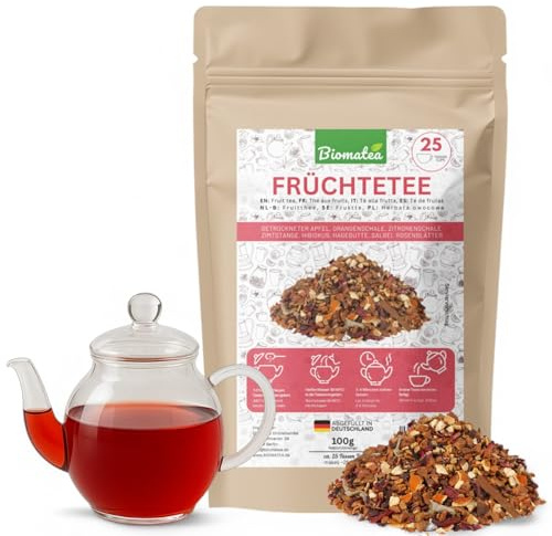 Biomatea Früchtetee – 100 g aromatische Fruchtmischung mit Apfel, Hibiskus & Zimt – Zip-Beutel, ergibt ca. 25 Tassen – ohne Zusatzstoffe, in Deutschland abgefüllt