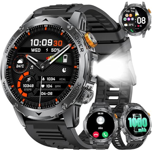 LIGE Montre Connectée Homme avec Appel Bluetooth-1000mAh Batterie,1.75 HD Grand Écran/LED Lampe,24/7 Sommeil/Fréquence Cardiaque,110 Sportifs IP68 Étanche Smartwatch Homme pour Android iOS,Silice