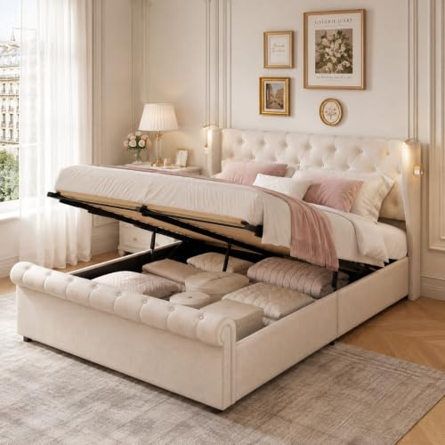 Polsterbett Doppelbett 160x200 cm mit Leselampe und Ladestation, Bett mit Bettkasten, Bettgestell mit Gepolstertes Kopfteil, Hydraulisches Bett, Jugendbett Lattenrost, Samt, Ohne Matratze, Beige