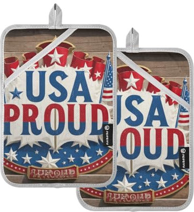 USA Proud Flag Blue Retro 4th of July Independence Day Designed Oven Pot Holders Heat Resistant Hot Pot Holders with Pocket Oven Mitts 2 Pack