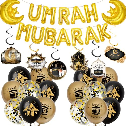 Tasoraor Umrah Mubarak Deko Ballons Set - Schwarz Gold Hajj Dekoration Luftballons und Hängende Wirbel, Mond Folienballon für Muslim Party Islamische Festival Dekorations