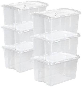 Sterilite 48 Qt Stackable Storage Bins, Clear with White Hinged Lid, 6-Pack