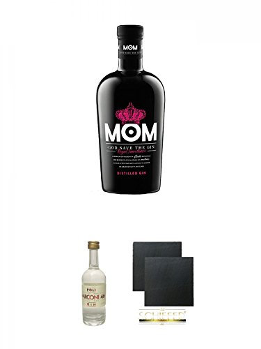 Mom God Save the Gin England 0,7 Liter + Poli Marconi 46 Gin 0,05 Liter Mini + Schiefer Glasuntersetzer eckig ca. 9,5 cm Ø 2 Stück
