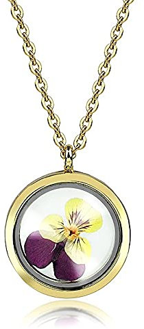 MadamLili Echte Blumen Stiefmütterchen Anhänger Set – Vergoldete Damen Halskette 70 cm – Handgefertigter Glaskugel Anhänger Ø 30 mm mit echten Blüten – Naturschmuck Blüten Bouquet – Schmuckbox