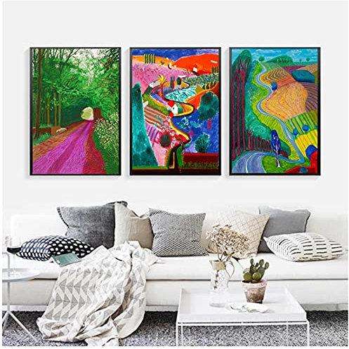 Bild Leinwand 50x70cm 3 Stück KEIN Rahmen David Hockney Landschaft Bunte Poster Ankunft des Frühlings Kunst Leinwand Malerei Wandbild für Wohnzimmer Dekoration