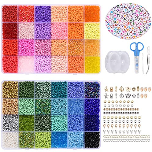 Kayarita 3mm 16000 Perlen Set Glasperlen zum Auffädeln,Bunte Perlen Basteln mit 300 Buchstaben Perlen,für Armbänder Selber Machen,Perlenset für Schmuck Ketten,Rocailles Perlen,Kleine Glass Beads