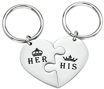 Gualiy Schlüsselanhänger Partner 2er Set, Edelstahl Schlüsselanhänger für Herren Damen Puzzle Herz mit Gravur His Queen Her King Silber Schlüsselanhänger Ring