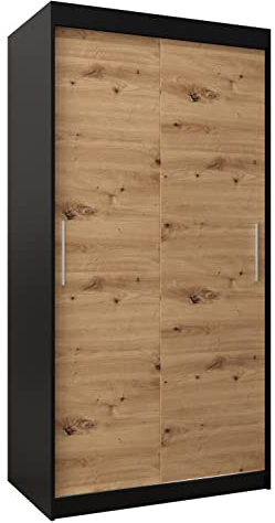 MEBLE KRYSPOL Tokyo 100 Schlafzimmerschrank mit Zwei Schiebetüren – moderner Aufbewahrungsschrank mit Kleiderstange und Regalen – 100x200x62cm - Mattschwarz + Artisan