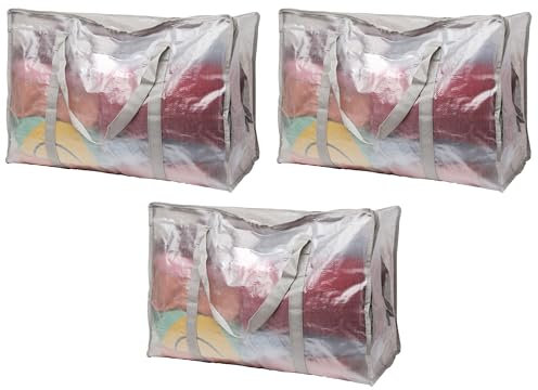 Clear Clothes Storage Bags, Heavy Duty Moving totes with Handles & Zips. House Solutions Better alternative than Storage Box's. Laundry Bags Sustainable & Water- Resistent | 3 Pack