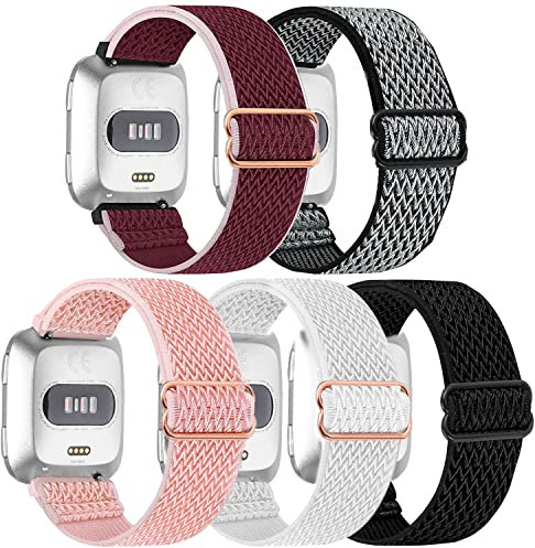Lot de 5 bracelets élastiques en nylon compatibles avec Fitbit Versa / Versa 2 / Versa Lite / Versa SE pour homme et femme, bracelet élastique réglable en tissu respirant pour montre intelligente
