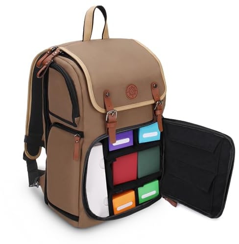 ENHANCE Sammelkarten-Aufbewahrungsbox Rucksack in voller Größe für Spielkarten – Platz für Kartenordner, TCG-Box-Aufbewahrung, Spielmattenhalter, kompatibel mit Magic The Gathering, Pokemon Hellbraun
