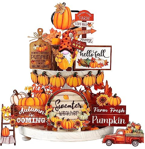 Herbst abgestuftes Tablett Dekor Hello Fall Holzschilder Kürbis Zwerg Buchstaben Herbst Dekorationen Holzdekor für Geschenk Regal Party (Tablett nicht im Lieferumfang enthalten)