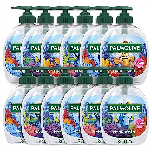 Palmolive Aquarium Liquid Hand Soap 12X300ml, helps to wash away dirt and bacteria, comes in four fun underwater designs, ingredients of 96% natural origin, 98% biodegradable formula