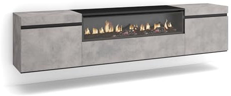 Skraut Home | Mobile TV Soggiorno | Ampio spazio a disposizione | 200x45x35cm | Per TV fino a 80 | Camino elettrico | Sospeso, da appendere | Stile moderno | Cemento