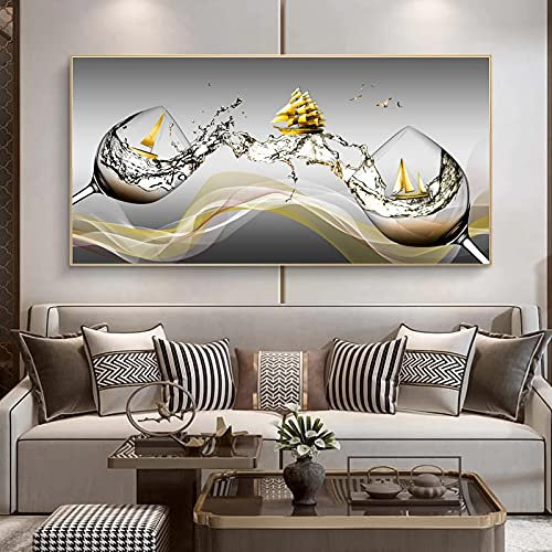 LSYALUCK Abstrakte Weinbecher mit Boot-Poster, moderne Hoom-Dekoration, Leinwanddrucke, Wandkunst, Bilder für Wohnzimmer, Gemälde, Kunstwerk, 40 x 70 cm (16 x 28 Zoll), Innenrahmen