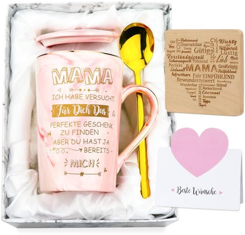 Geschenke für Mama- Keramik Kaffeetassen für Mutter- Beste Mama der Welt Tasse Geschenk zum Geburtstagsgeschenk 400 ml Rosa Geschenkset, mit Deckel Löffel, Untersetzer, Geschenk-Box