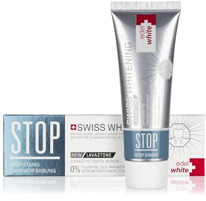edel+white STOP Stain Swiss Whitening Zahngel 75ml I Poliergel für strahlend weiße Zähne I Zahnreinigung Formel mit Lavastein I Zahncreme ohne Fluorid