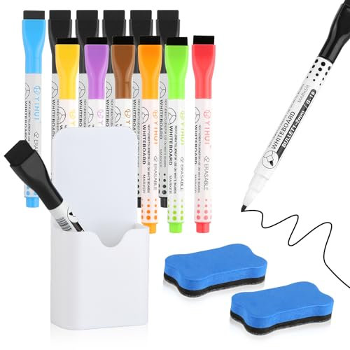 GHVACZS 12 Stück Whiteboard Stifte, 8 Farben Trocken Abwischbare Marker mit 1 Stifthalter Magnetisch und 2 Whiteboard Schwamm, Whiteboard Marker, Folienstift Abwischbar für Schulen, Büros, Haushalte
