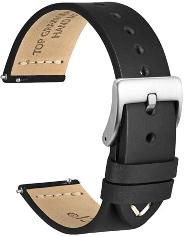 WOCCI 18mm Antikes Uhrenarmband für Herren, Sattelleder, Silberne Schnalle (Schwarz)