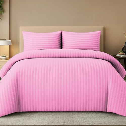 Pamposh Bettbezug-Set mit geprägten Streifen – Premium Hotelqualität Bettwäsche-Set – Hypoallergene, ultrasofte Mikrofaser-Bettwäsche (Rosa, King (220 x 230 cm))