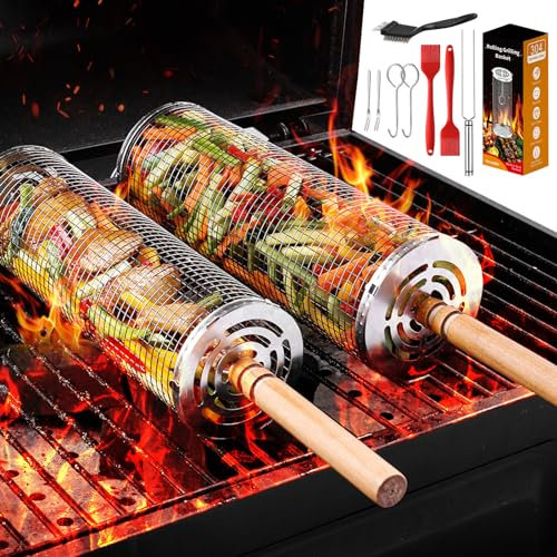 UCAMP 2 STÜCK Rolling Grillkorb mit Gabel,Grill zubehör,Grilling Edelstahl GrillKorb mit Griff,Grillkorb für Outdoor Grill und CampingGemüse, Garnelen, Huhn, 304 Edelstahl,BBQ Gemüse Grillkorb