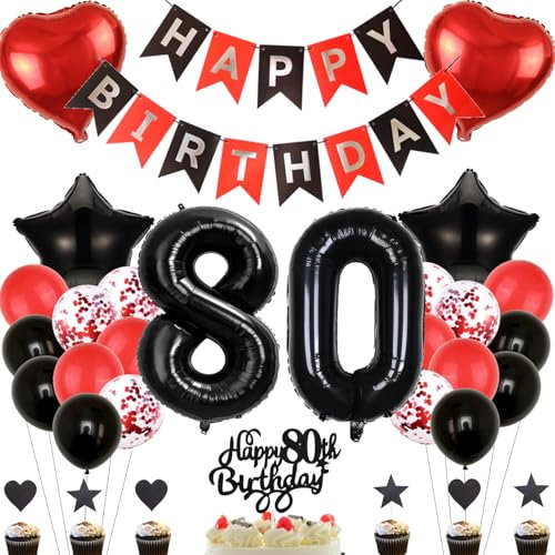 Anlgdi Deko 80. Geburtstag Frau, Tortendeko Geburtstag 80 Jahre Frauen, Rot Schwarz Geburtstagsdeko 80 Jahr Frau, Ballon 80 Geburtstag Mann, Folienballon 80 Geburtstag Männer Frauen Dekoration