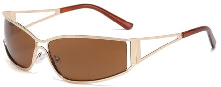 YAMEIZE Trendy Futuristic Sunglasses for Women Men Oval Vintage Retro Wrap Around Rave Fashion Metal Sunglasses