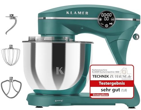 KLAMER Küchenmaschine 1800W, Knetmaschine Brotteig mit Edelstahl-Rührschüssel 6 L, 10 Stufen mit Timer, Planetenrührwerk, Rührbesen, Knethaken, Schneebesen & Sichtdeckel (türkis)