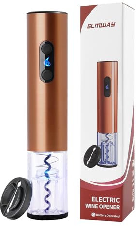 ELMWAY Battery Electric Wine Opener – Electric Corkscrew with Foil Cutter, Dual LED Lights, Transparent Window & Fast Cork Removal, Stainless Steel (Requires 4 AA, Not Included) – Rose Gold