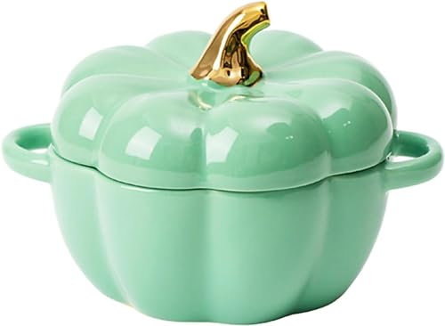 Casserole avec Couvercle, Mijoteuse à Dessert en Potiron, Mini - plaque de Cuisson, Bol de Citrouille Mignon, Pot à Soupe en Céramique avec Couvercle, Cocotte en Forme de Citrouille (Vert)