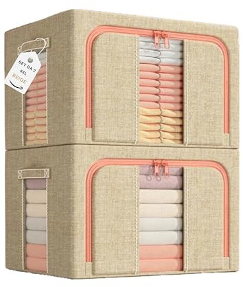 ZenCasa | 2 Scatole per Armadio Rigide con Cerniera da 66L, 2 Contenitori per Armadio Salvaspazio, Organizer Armadio con Struttura in Metallo Pieghevole con Maniglie Rinforzate (2 Beige, 66L)