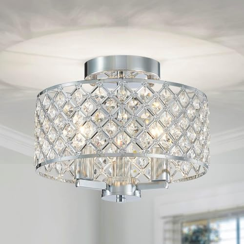 Saint Mossi Silver Crystal Ceiling Light, Close to Ceiling, Modern Semi Flush Mount Chandelier, 3-Lights, D11 x H9, Perfect for Living Room, Chrome Finish Canopy