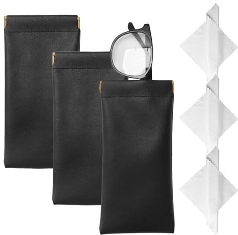 QTMMC 3 Pack Soft Glasses Pouch PU Leather Portable Sunglasses Case Auto Closing Travel Eyeglass Case with Squeeze Top Anti-Scratch Fashion Eyeglasses Bag with Cleaning Cloth for Men Women