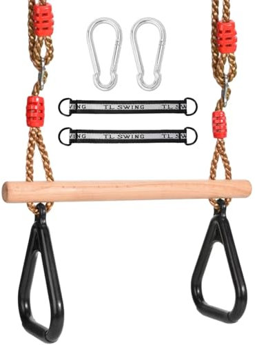 Morwealth Multifunktions Kinderholz Trapeze Schaukel mit Kunststoffringen Turnringe Ringe zum Aufhängen belastbar bis 120KG für Innen und Außenbereich (Schwarz)
